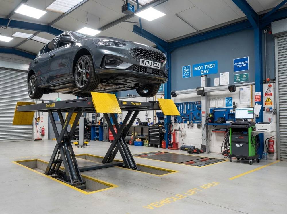 Car on a hydraulic ramp in the MOT testing bay at MAS Tyres & Service Centre